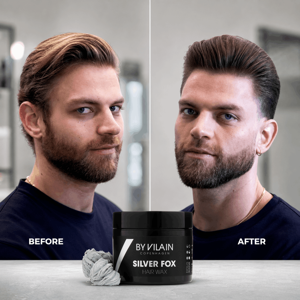 A split-screen before-and-after comparison showing a man's hair styled with a pompadour on the right compared to his natural look on the left. In the foreground, a black jar of BY VILAIN Silver Fox Hair Wax is displayed with a small gray styling brush on a light gray surface.