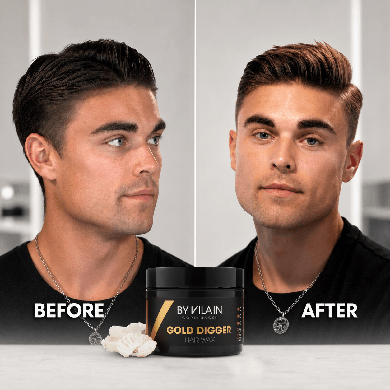 Before and after hair styling comparison featuring a male model with dark hair, shown wearing a silver chain necklace and black shirt. In the foreground, a black jar of BY VILAIN PROFESSIONALS Gold Digger Hair Wax is displayed with a small dollop of white wax on a light gray counter.